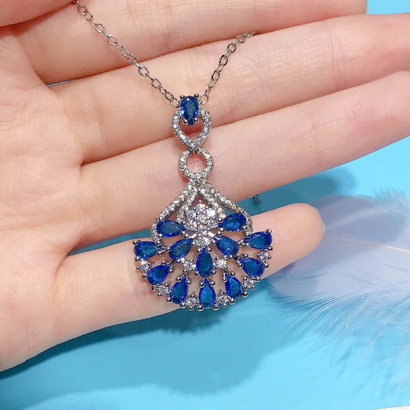 Trendy Blue Xmas Tree Silver Necklace