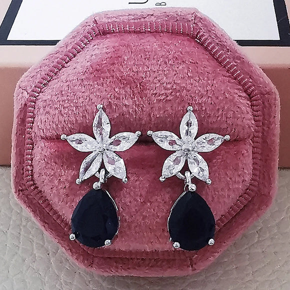 Trendy Silver Blue Flowers Pear Earrings