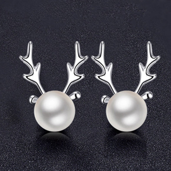 Xmas Halo Simulated Pearl Antlers 925 Sterling Silver Earrings
