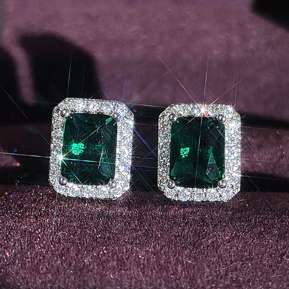925 Sterling Silver Luxury Princess Green Color Earring